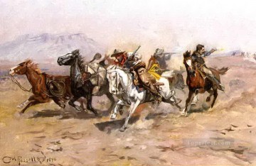 Indios americanos Painting - superados en número 1898 Charles Marion Russell Indios americanos